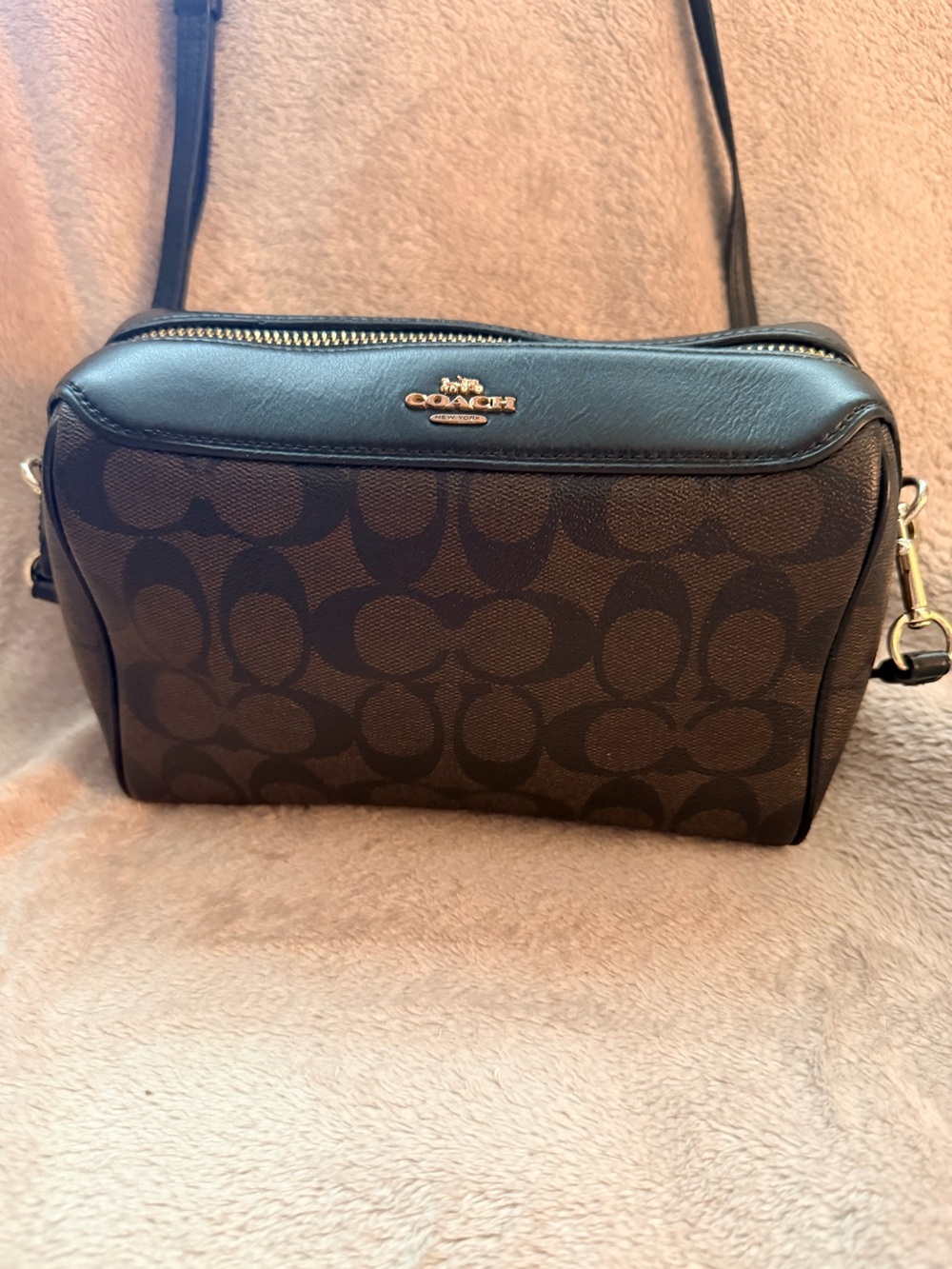 Coach Signature Crossbody Bag in Brown and black, gold colored hardware